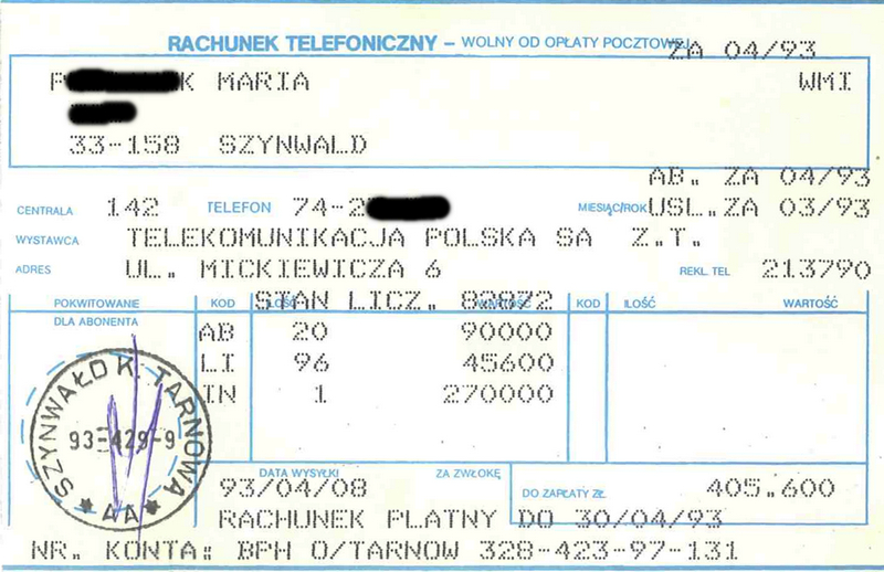 Rachunek za telefon 1993 roku